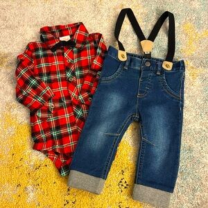 New Cat & Jack flannel onesie and jeans with suspenders - 6-9 months